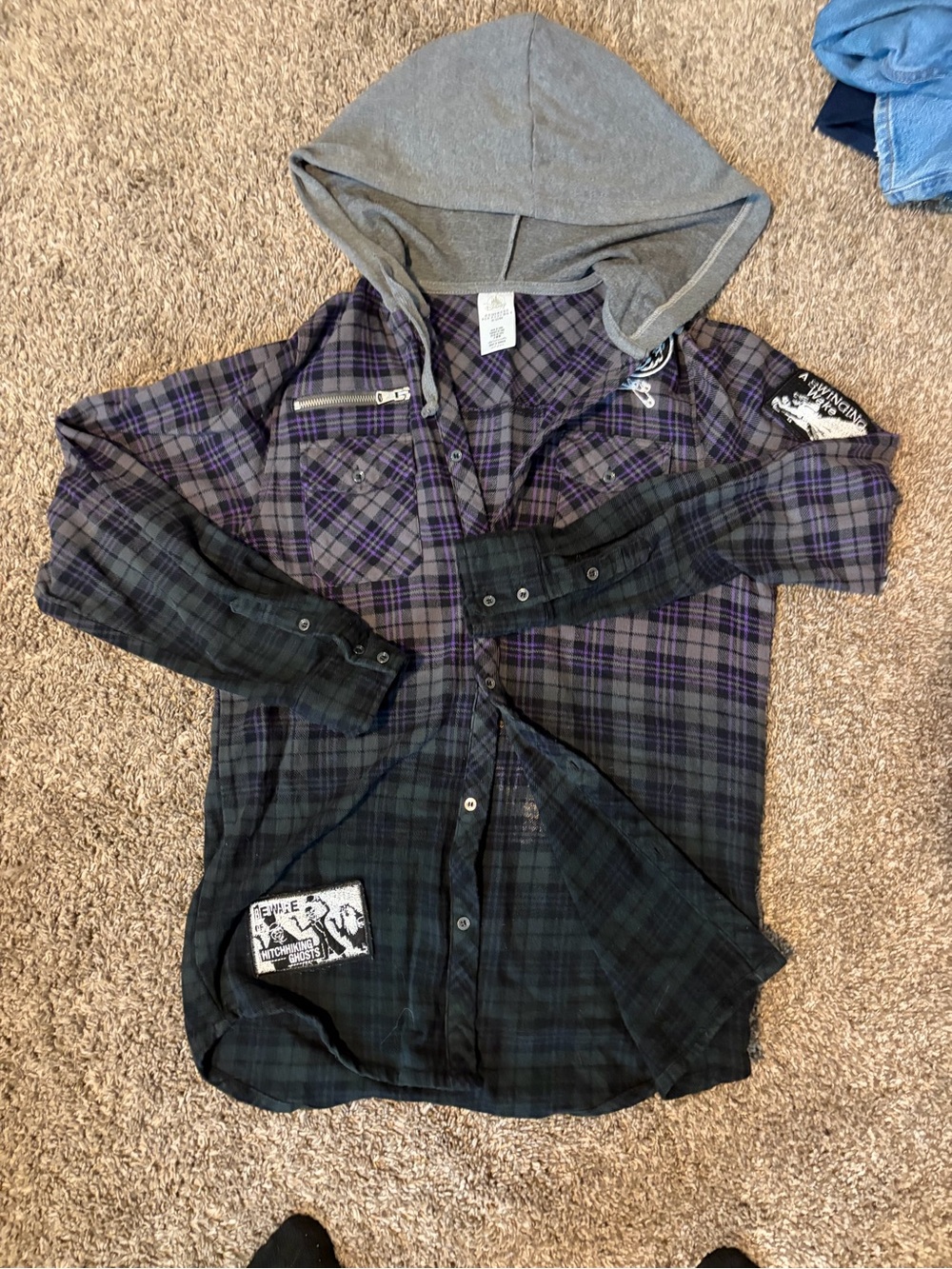 Disney Men's Plaid Hooded Button-Down Shirt - Purple, Black, Gray
